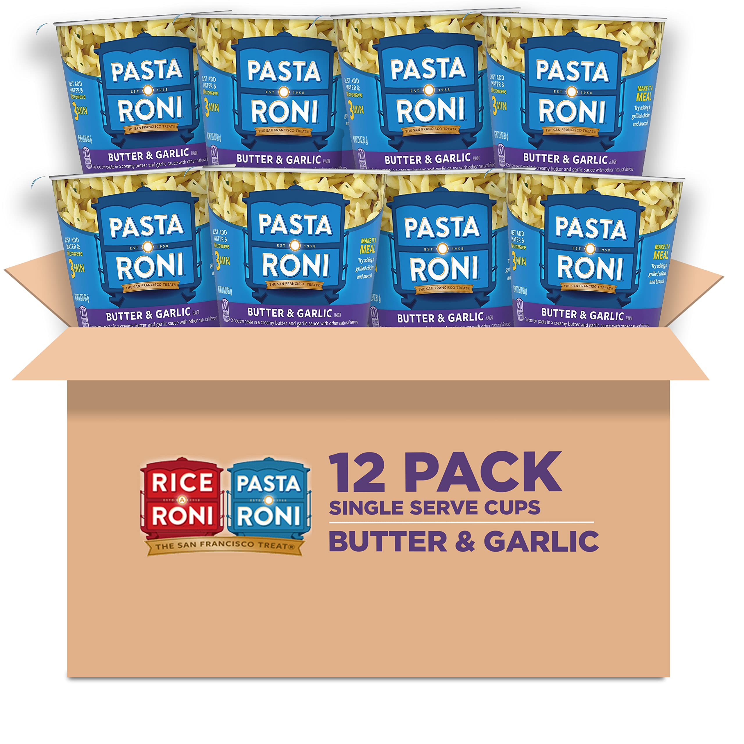 Pasta Roni front packaging showing 12 butter and garlic single-serve cups for quick meals