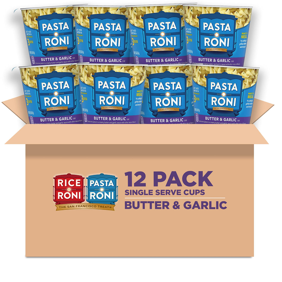 Pasta Roni front packaging showing 12 butter and garlic single-serve cups for quick meals