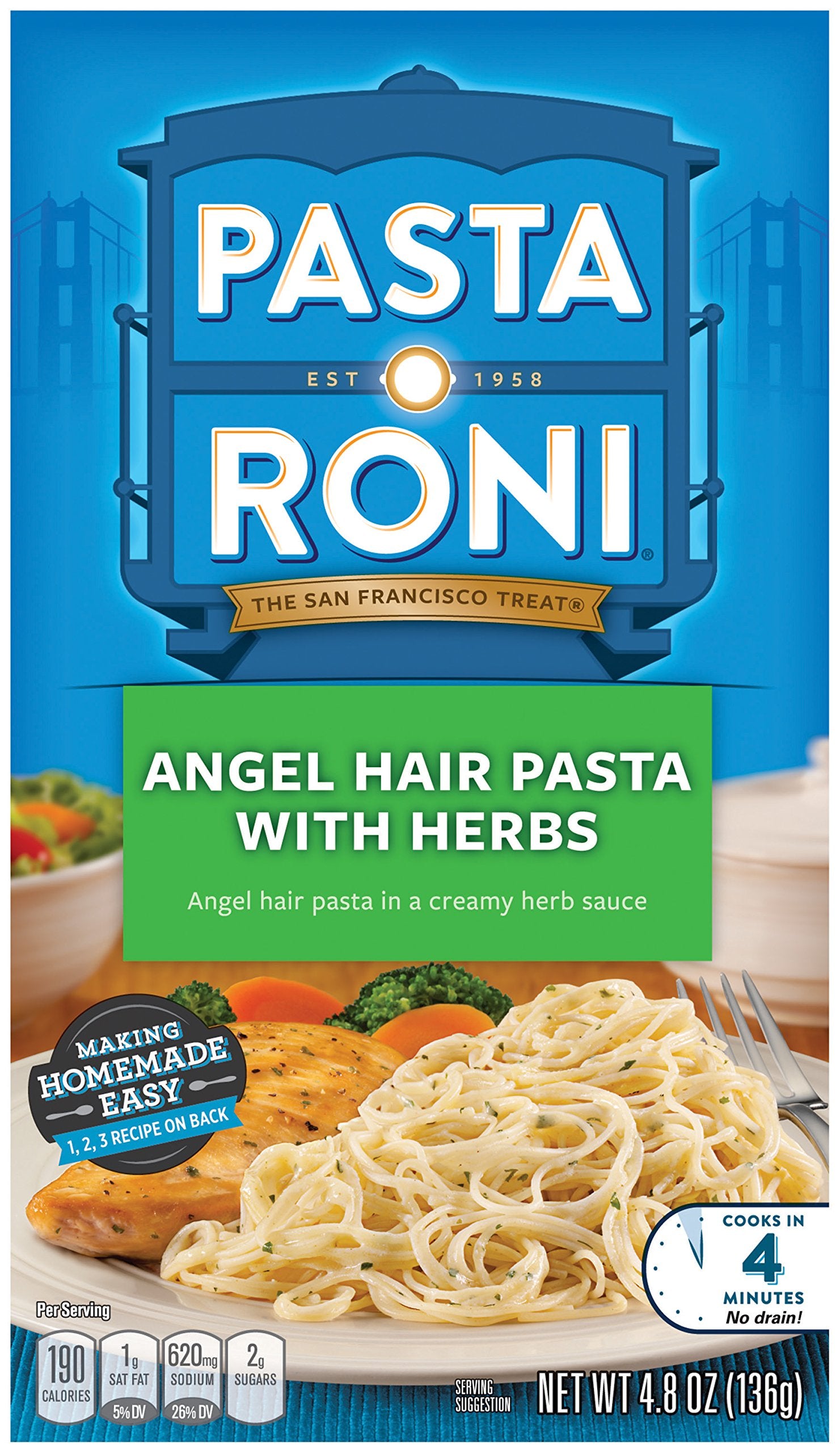 Pasta Roni front box showing product and quick-cook benefit