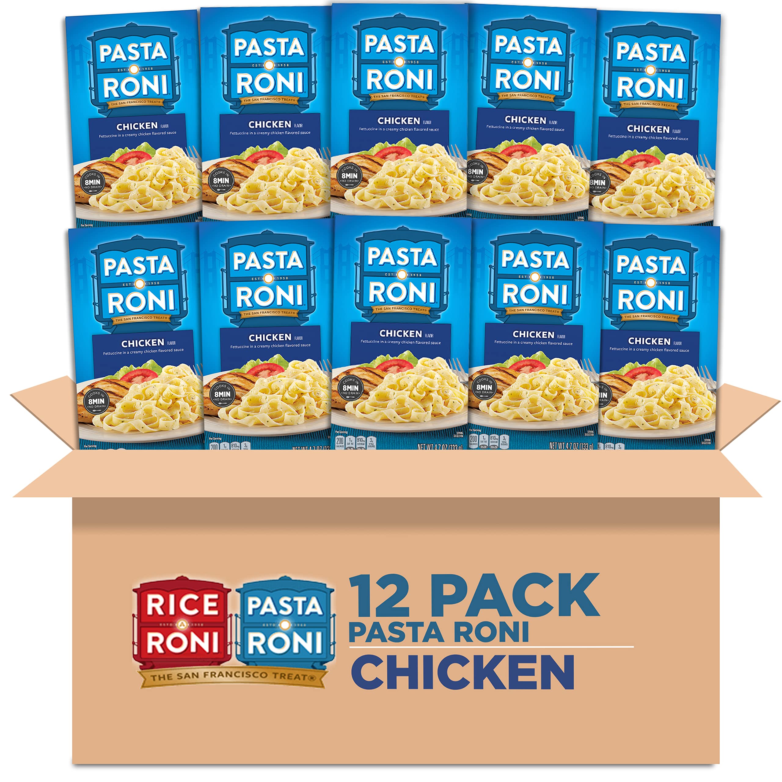 Pasta Roni front packaging showing product name and serving suggestion benefit