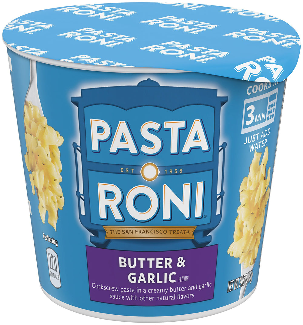 Pasta Roni 12-cup pack beside a ruler for scale showing compact pantry storage benefit