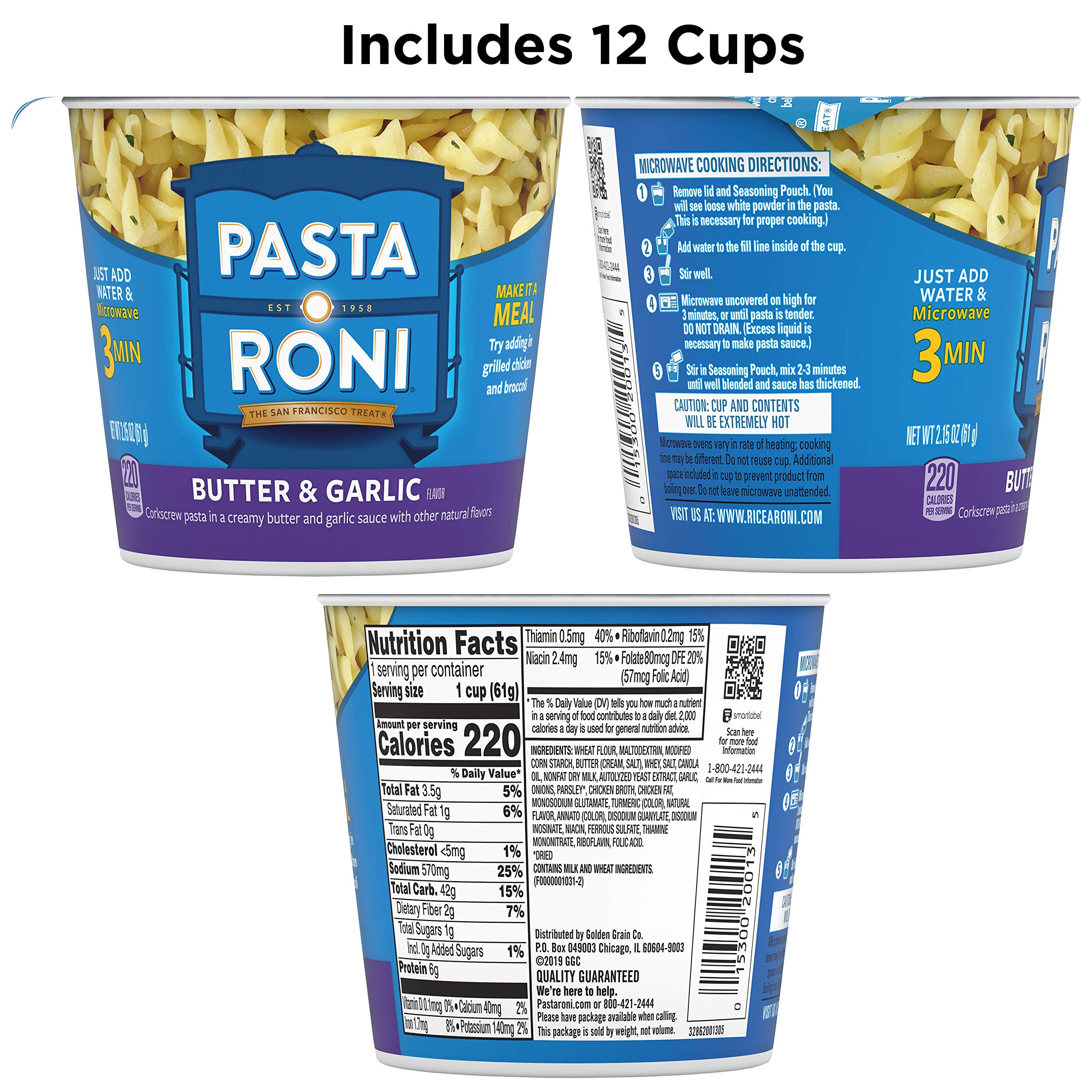 Pasta Roni open cup close-up showing rotini texture and creamy butter garlic sauce benefit