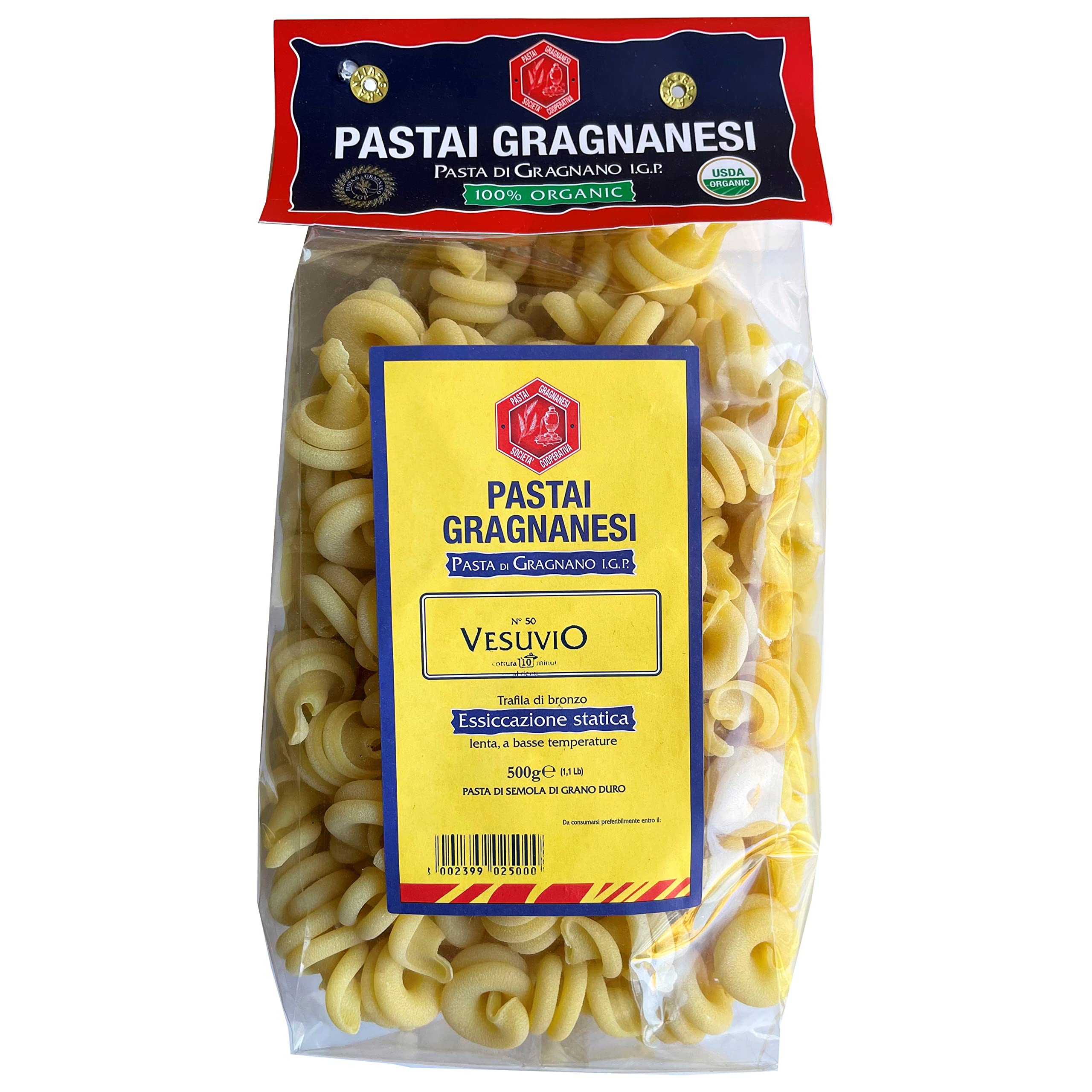 Pastai Gragnanesi front packaging showing Vesuvio pasta and organic label benefit
