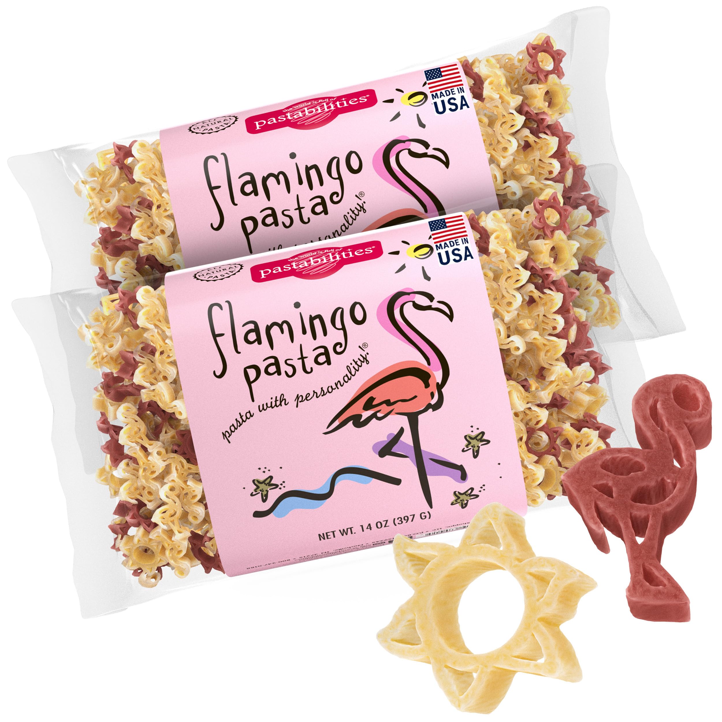 Pastabilities flamingo front packaging showing brand and nutritional benefit