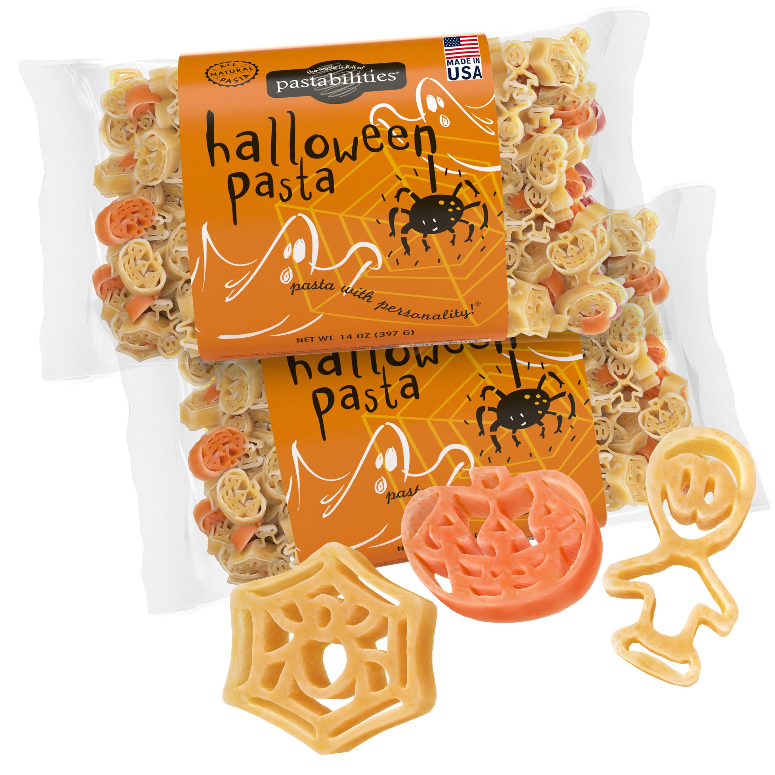 pastabilities front packaging showing pumpkin ghost spider shapes and family-friendly appeal