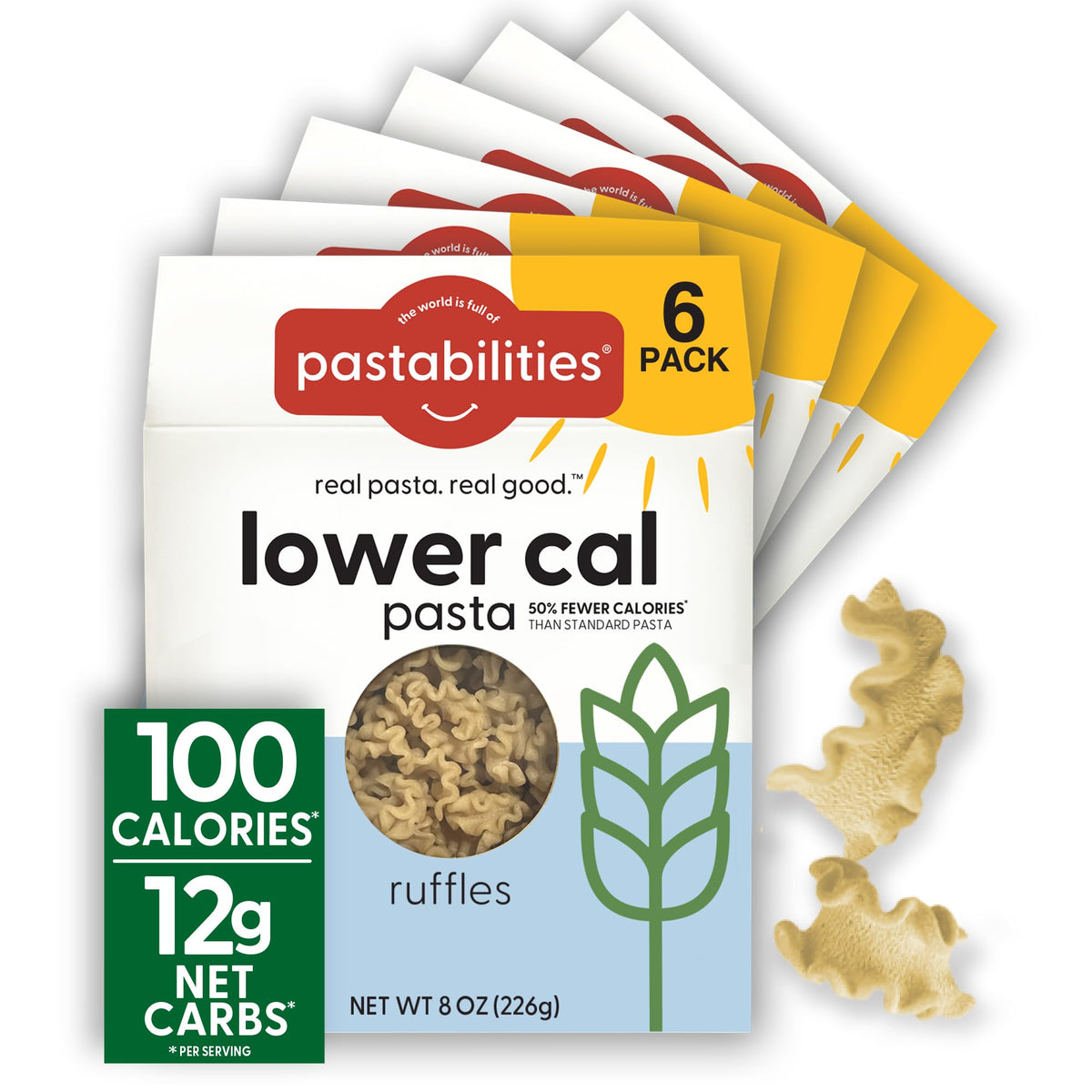 Pastabilities front packaging showing ruffled pasta and calorie claim benefit