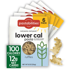 Pastabilities front packaging showing ruffled pasta and calorie claim benefit