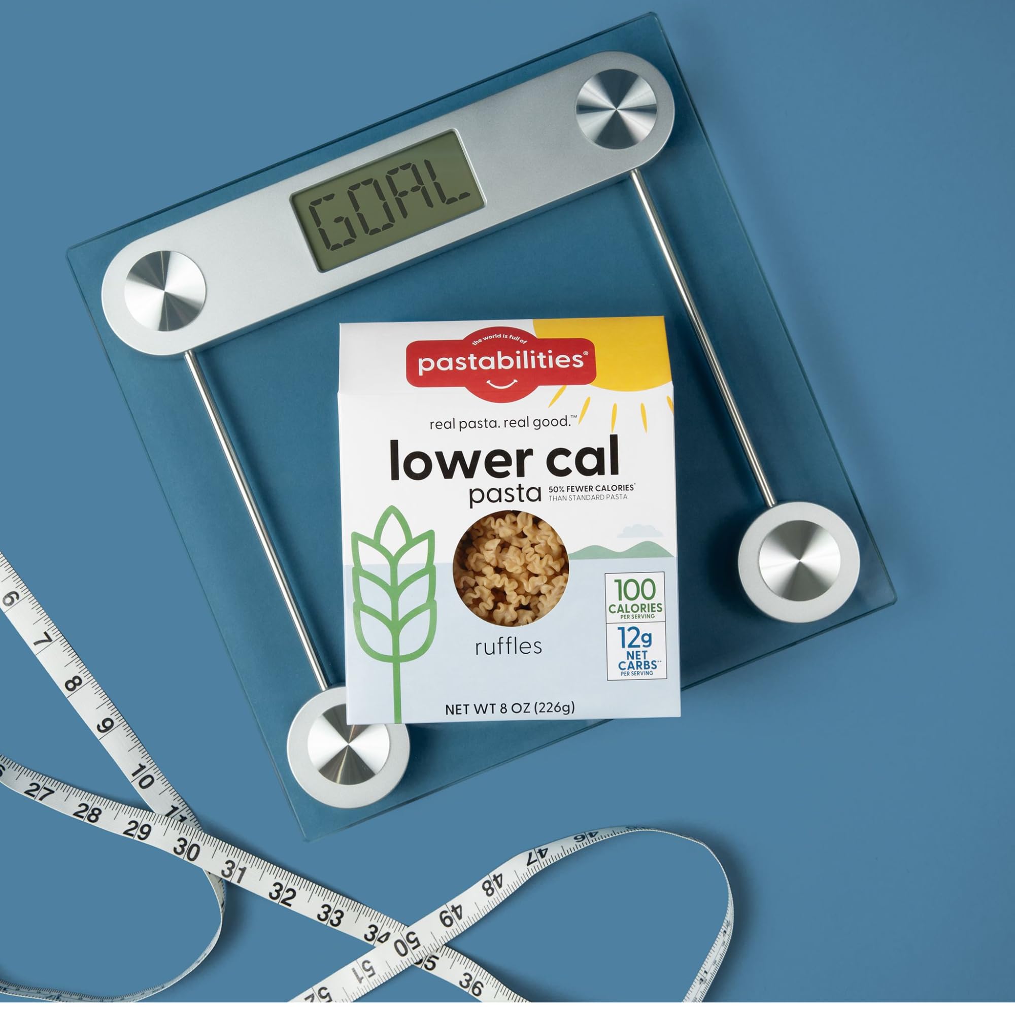 Close-up of Pastabilities ingredient label showing Non-GMO and fiber benefit