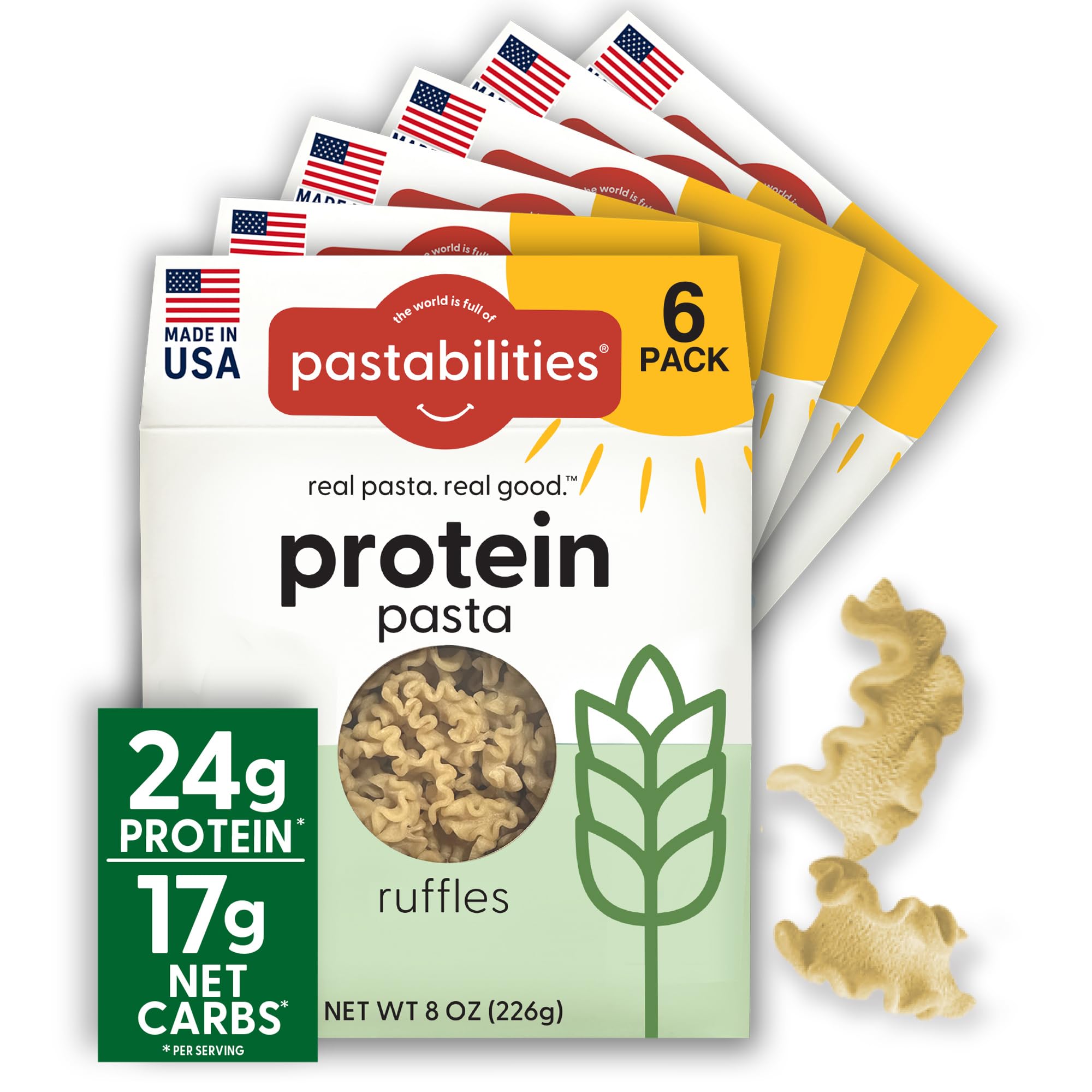 pastabilities front packaging shows ruffled pasta and nutritional highlights for easy selection