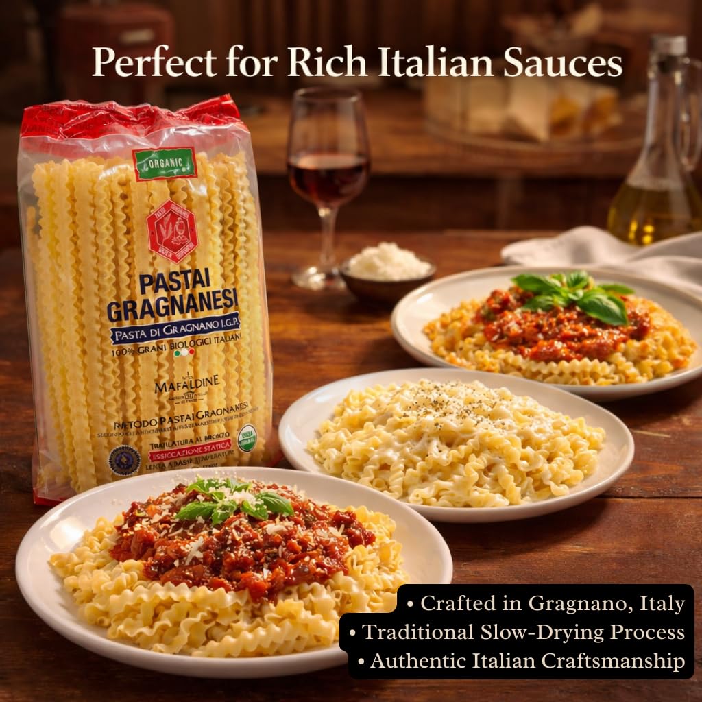 Plated cooked Mafaldine by Pastai Gragnanesi displaying sauce adhesion and texture