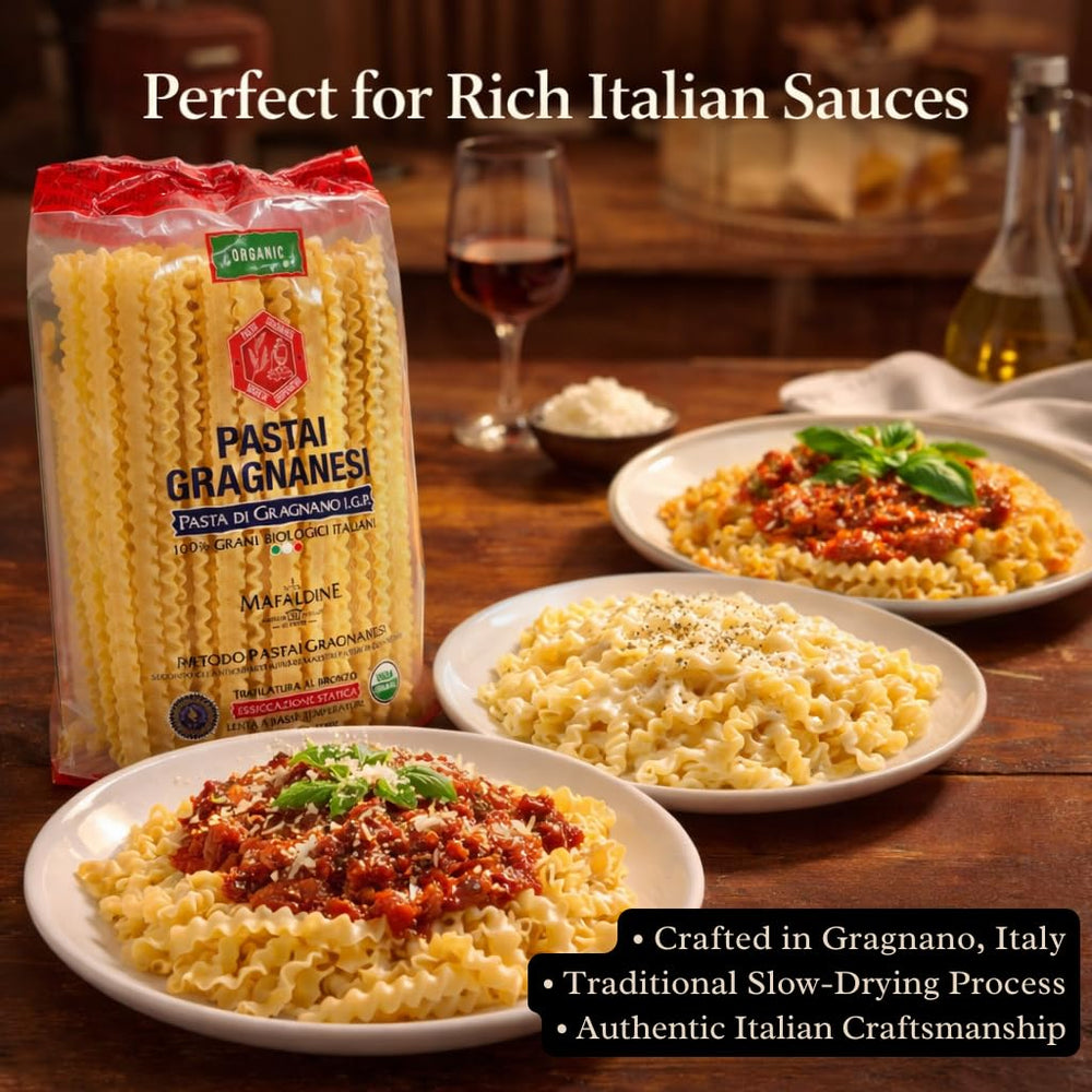Plated cooked Mafaldine by Pastai Gragnanesi displaying sauce adhesion and texture