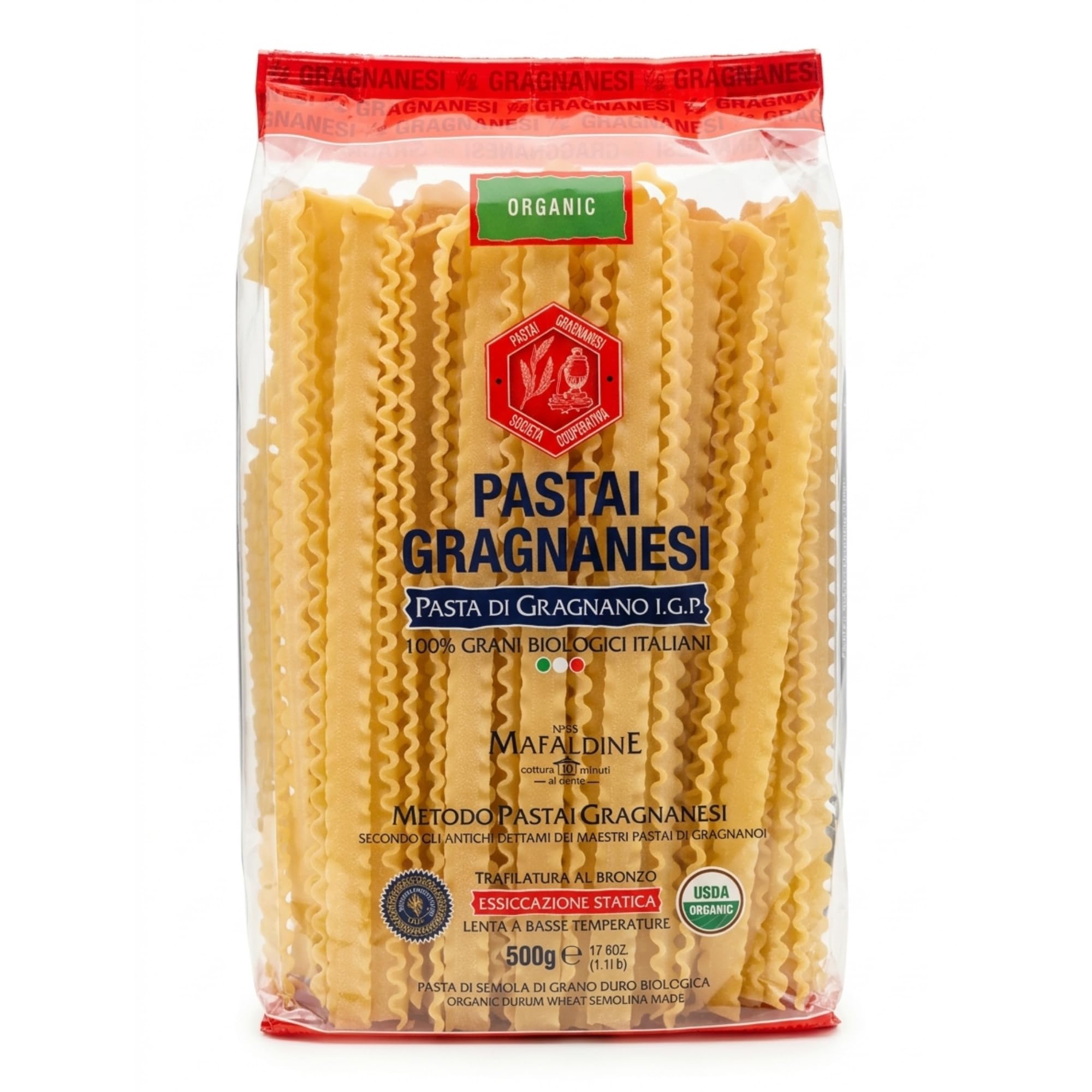 Pastai Gragnanesi front packaging showing organic Mafaldine and I.G.P. provenance benefits