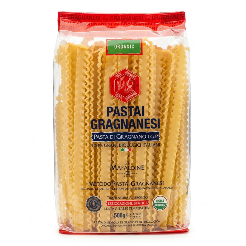 Pastai Gragnanesi front packaging showing organic Mafaldine and I.G.P. provenance benefits