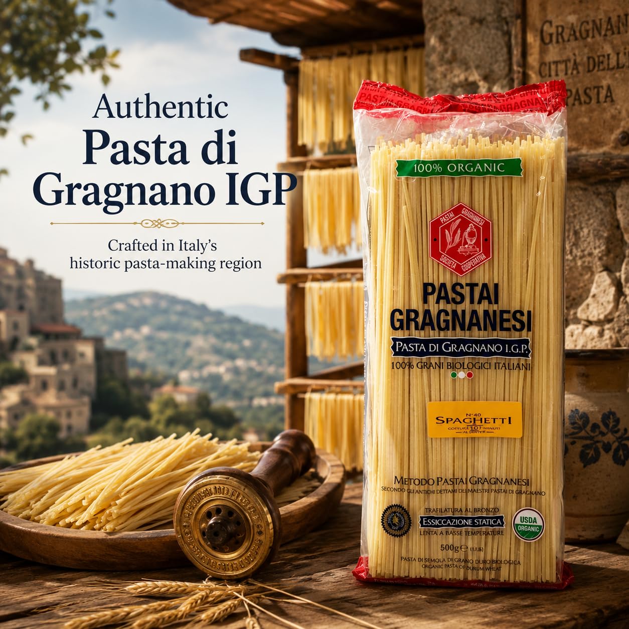 Pastai Gragnanesi label with IGP and USDA Organic certifications for authenticity