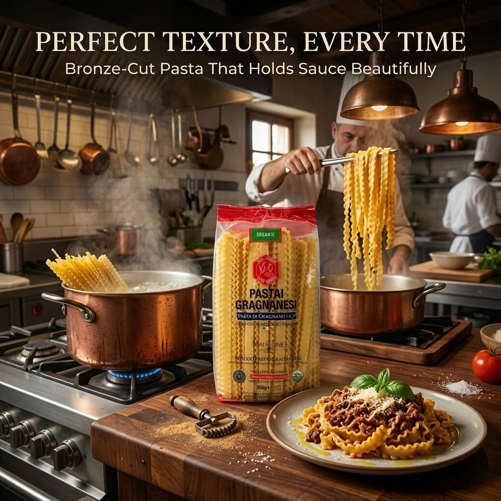 Kitchen scene with Pastai Gragnanesi Mafaldine in use showing gourmet home-cooking inspiration