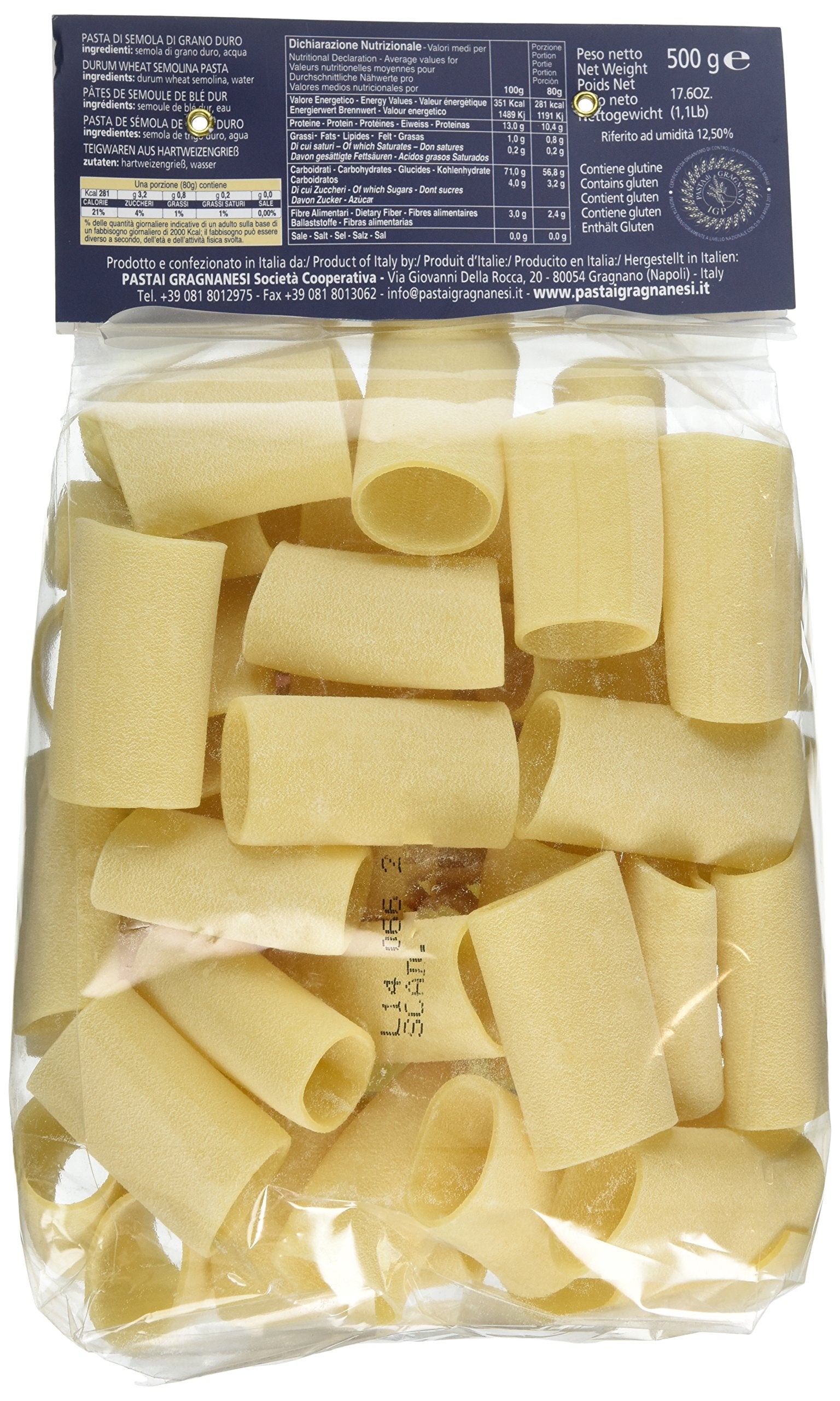 Pastai Gragnanesi paccheri tube close-up highlighting rough bronze-cut texture