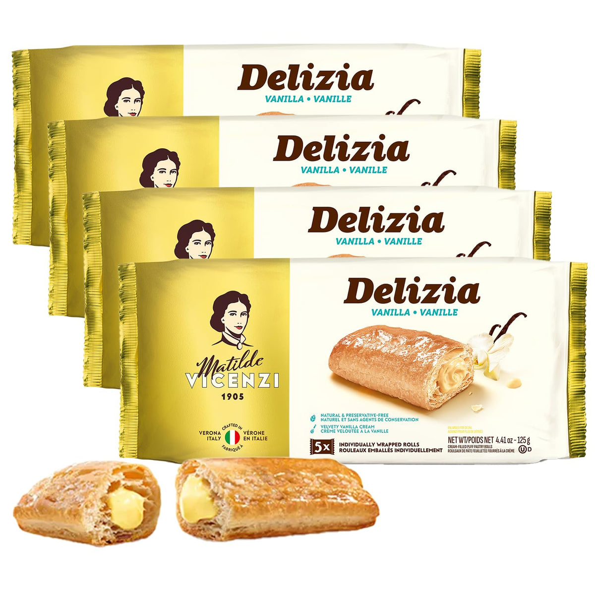 Pasticceria Matilde Vicenzi front packaging showing four individually wrapped Delizia pastries for gifting