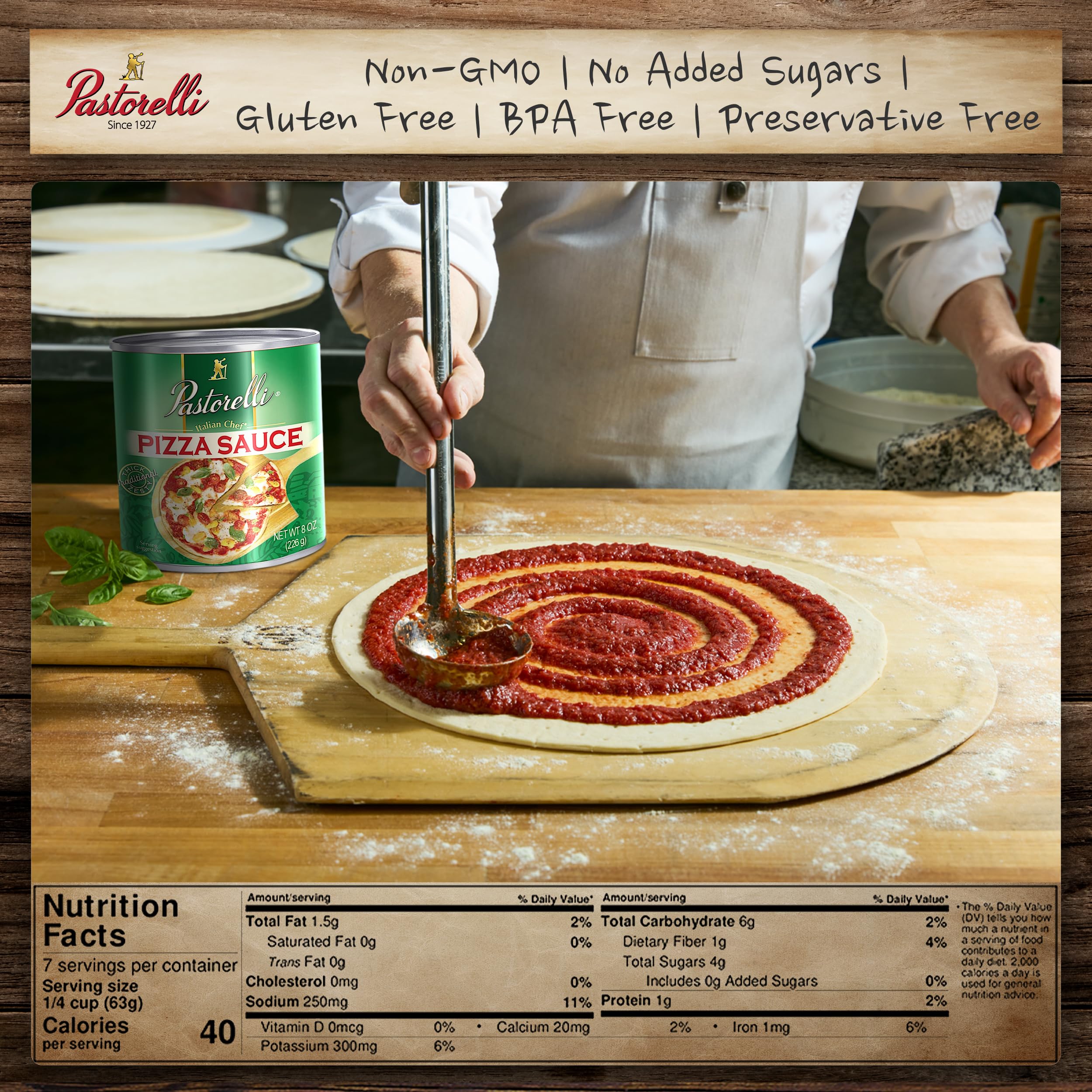 Pastorelli size comparison with ruler and pizza to show 8oz portion utility