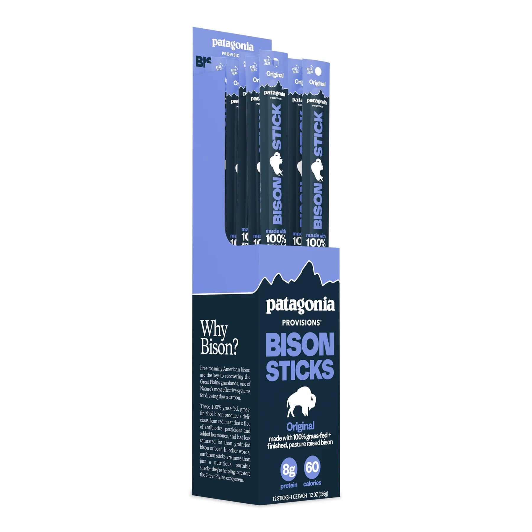 Patagonia bison sticks front packaging showing 12-pack convenience and portability