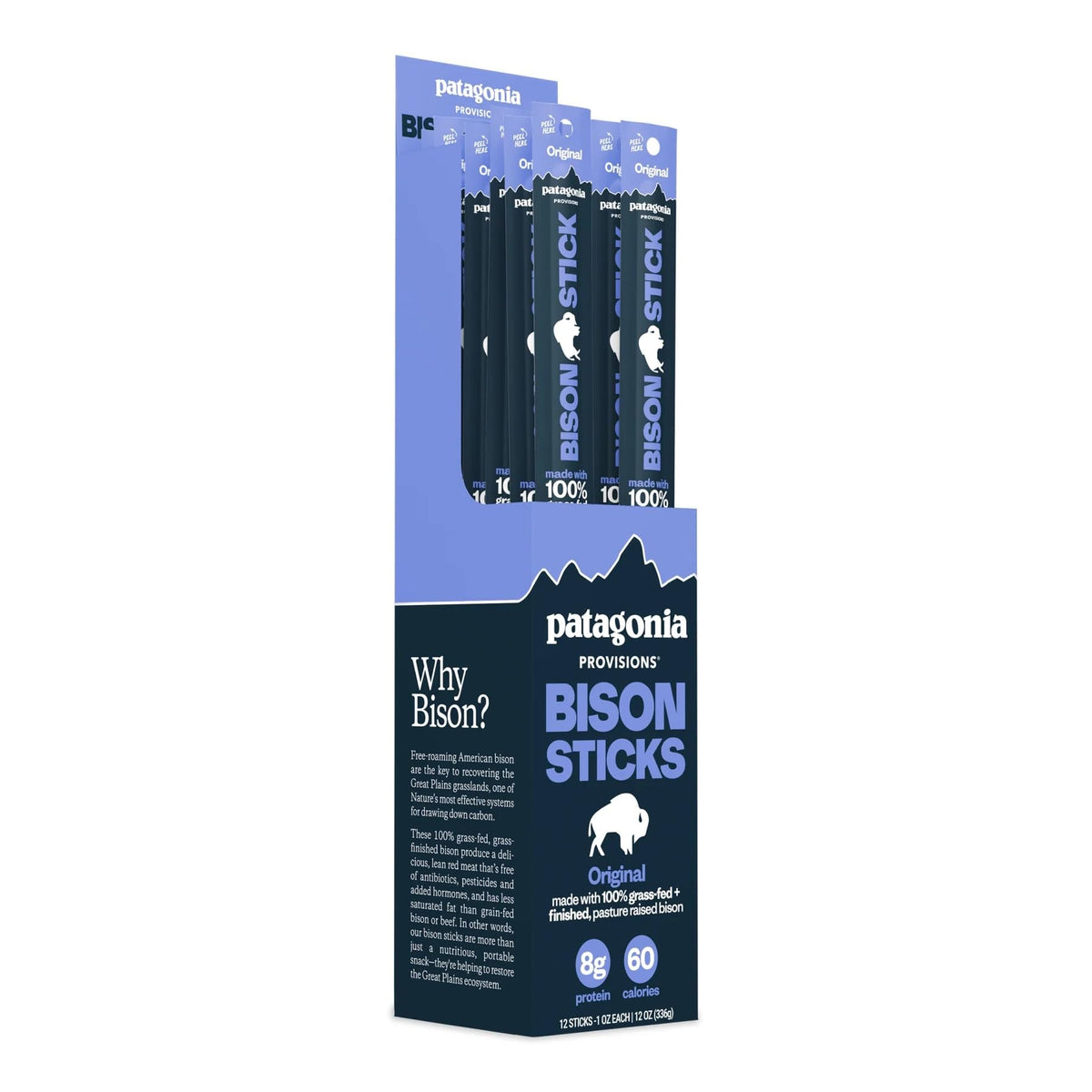 Patagonia bison sticks front packaging showing 12-pack convenience and portability