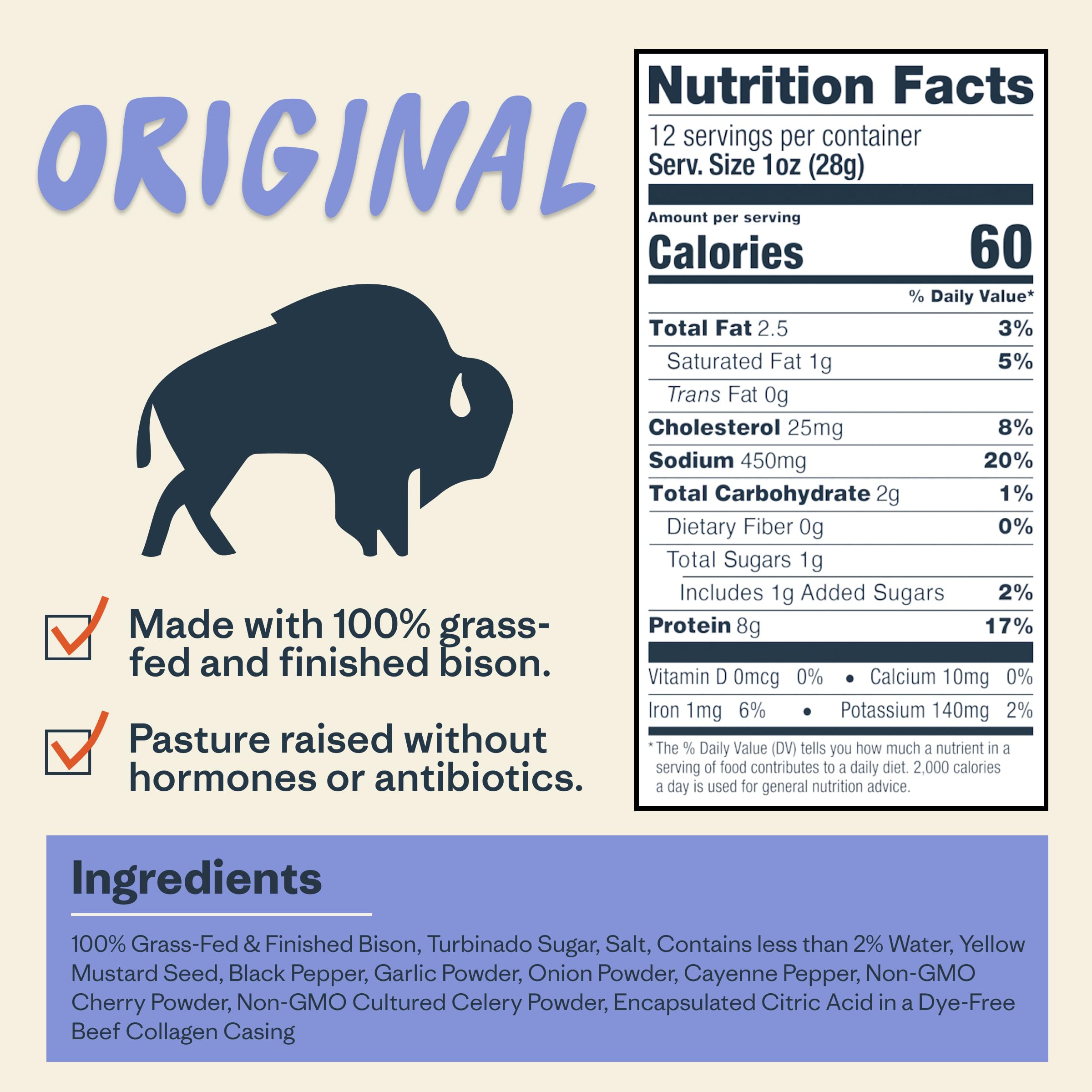 Patagonia bison sticks nutrition label close-up showing macros and zero sugar