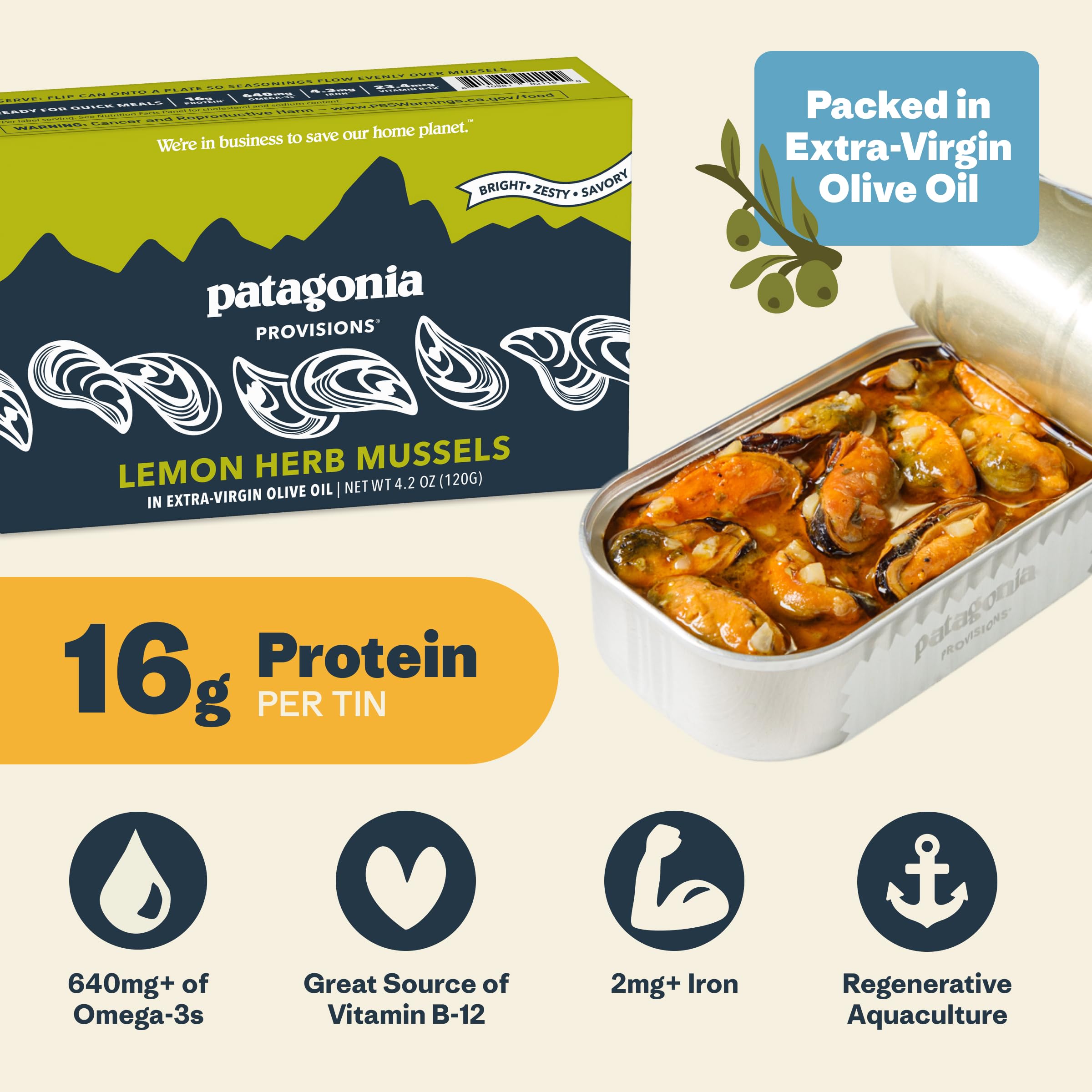 Patagonia Provisions open can with mussels in olive oil, highlighting ready-to-eat convenience