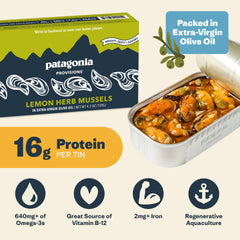 Patagonia Provisions open can with mussels in olive oil, highlighting ready-to-eat convenience
