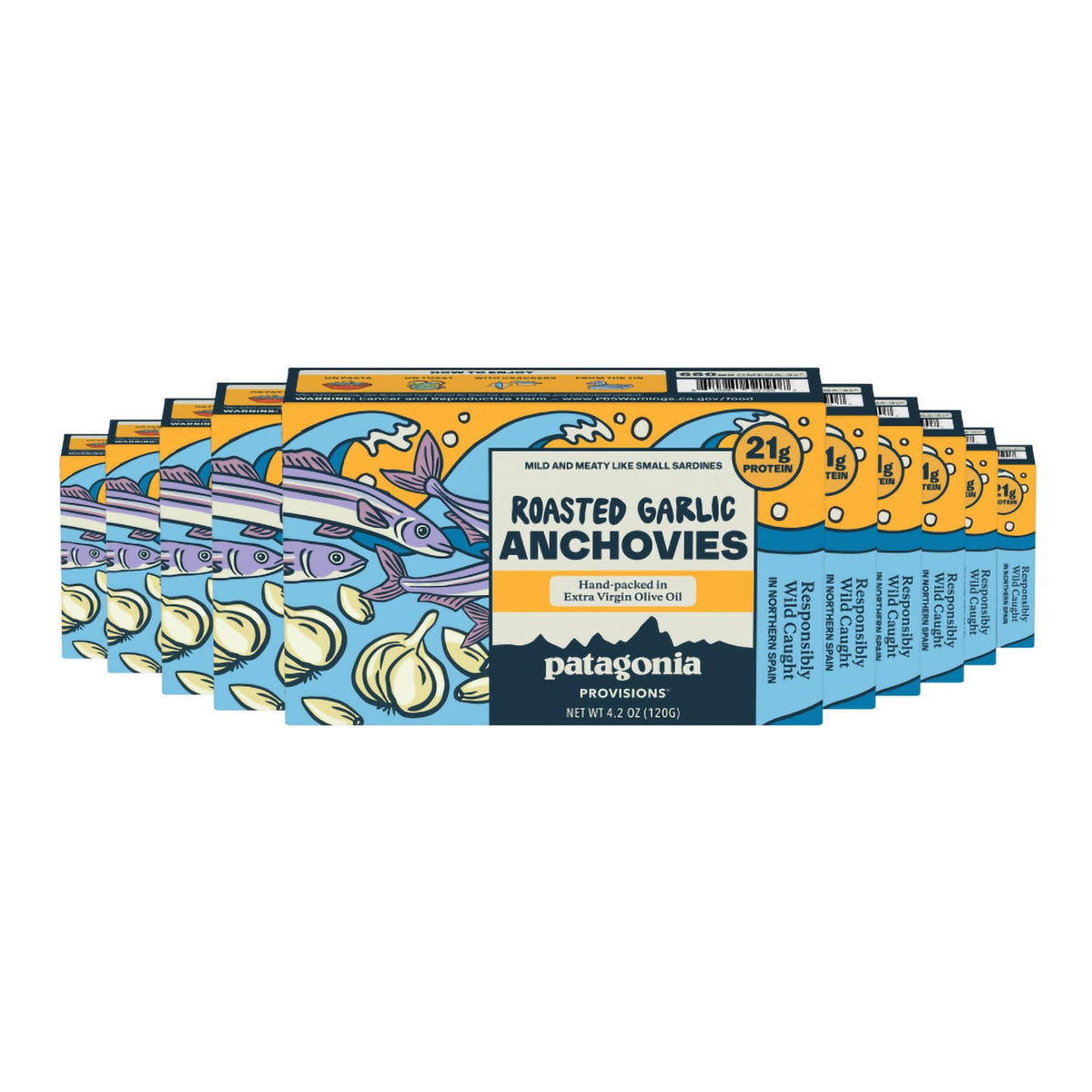 Patagonia Provisions front packaging showing mild roasted garlic anchovies benefits