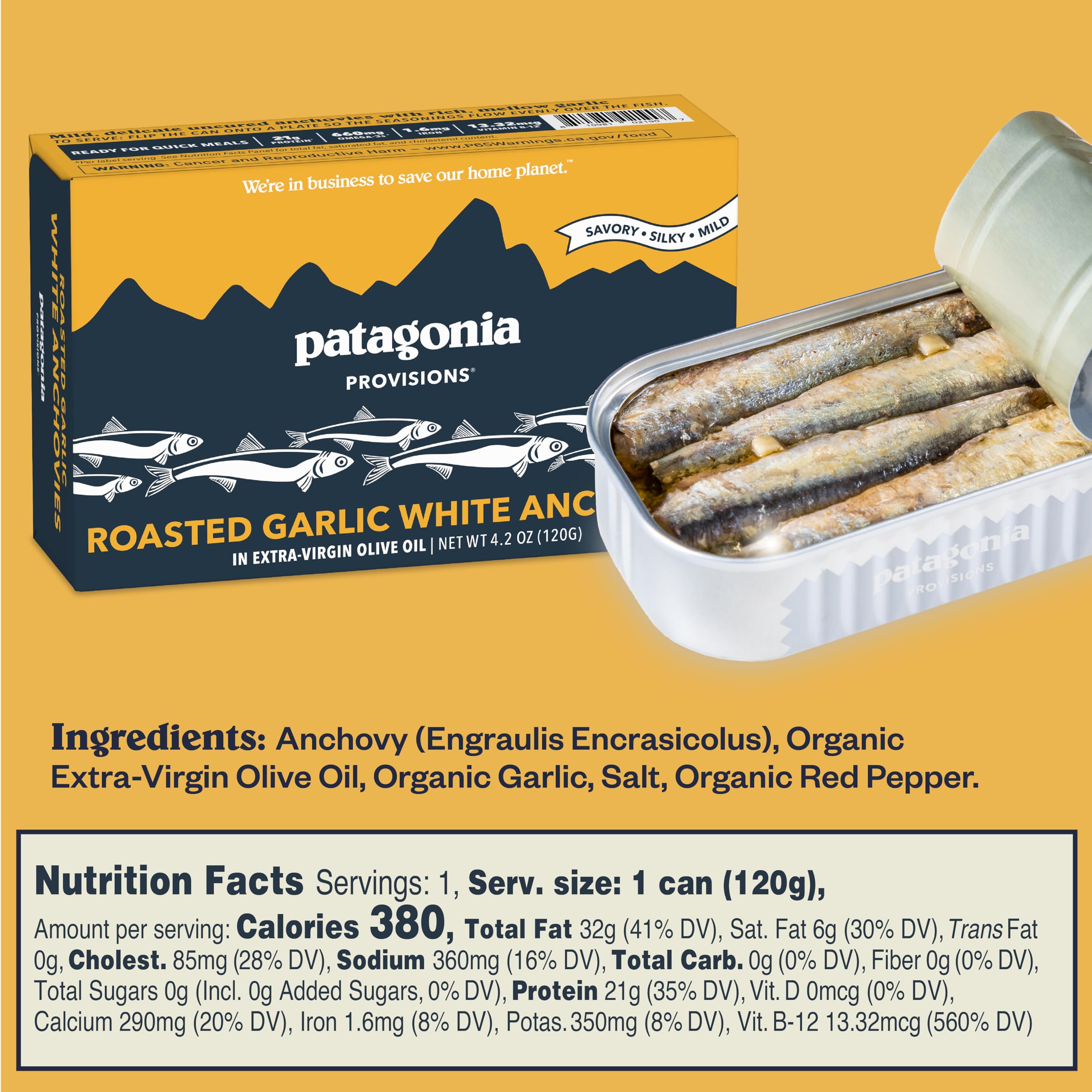 Patagonia Provisions tin next to fork for size comparison and portion clarity