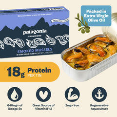 Patagonia Provisions opened tin close-up of mussel texture — plump and flavorful