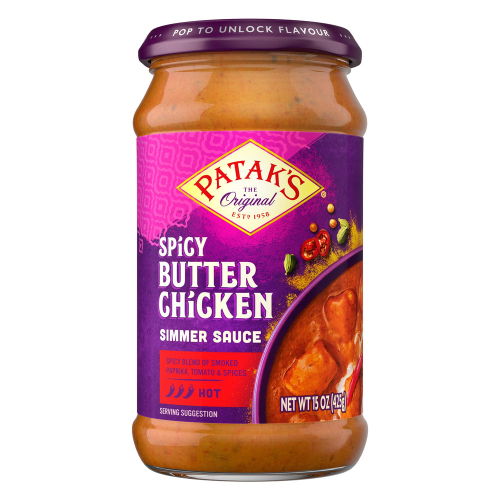 Patak's jar front view showing label and 15oz size, convenient pantry staple