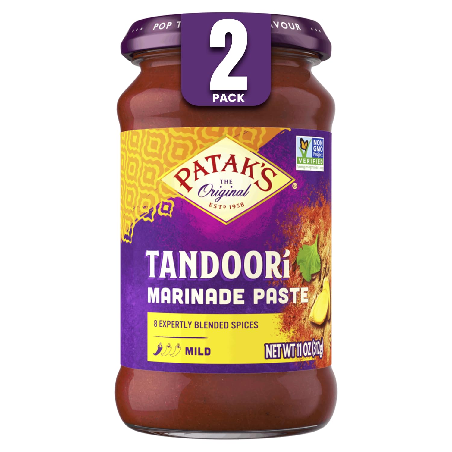 Patak's jar front showing tandoori paste and clear labeling for easy use