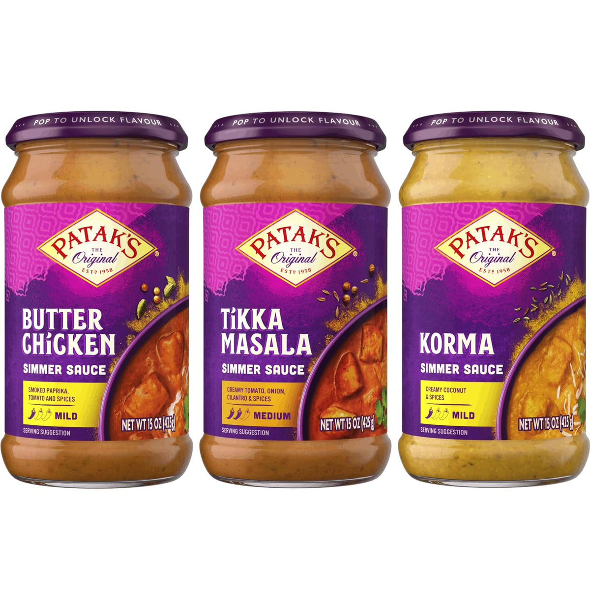 Patak's front packaging showing three sauce jars for quick meal variety