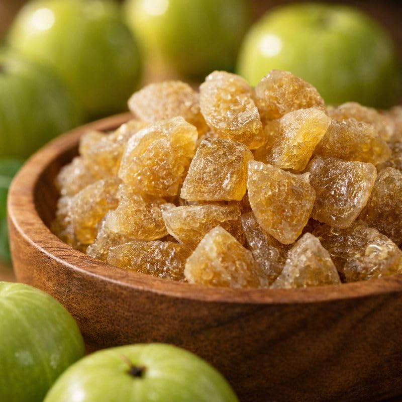 patanjali close-up texture of amla candy showing chewy surface and sugar glaze benefit