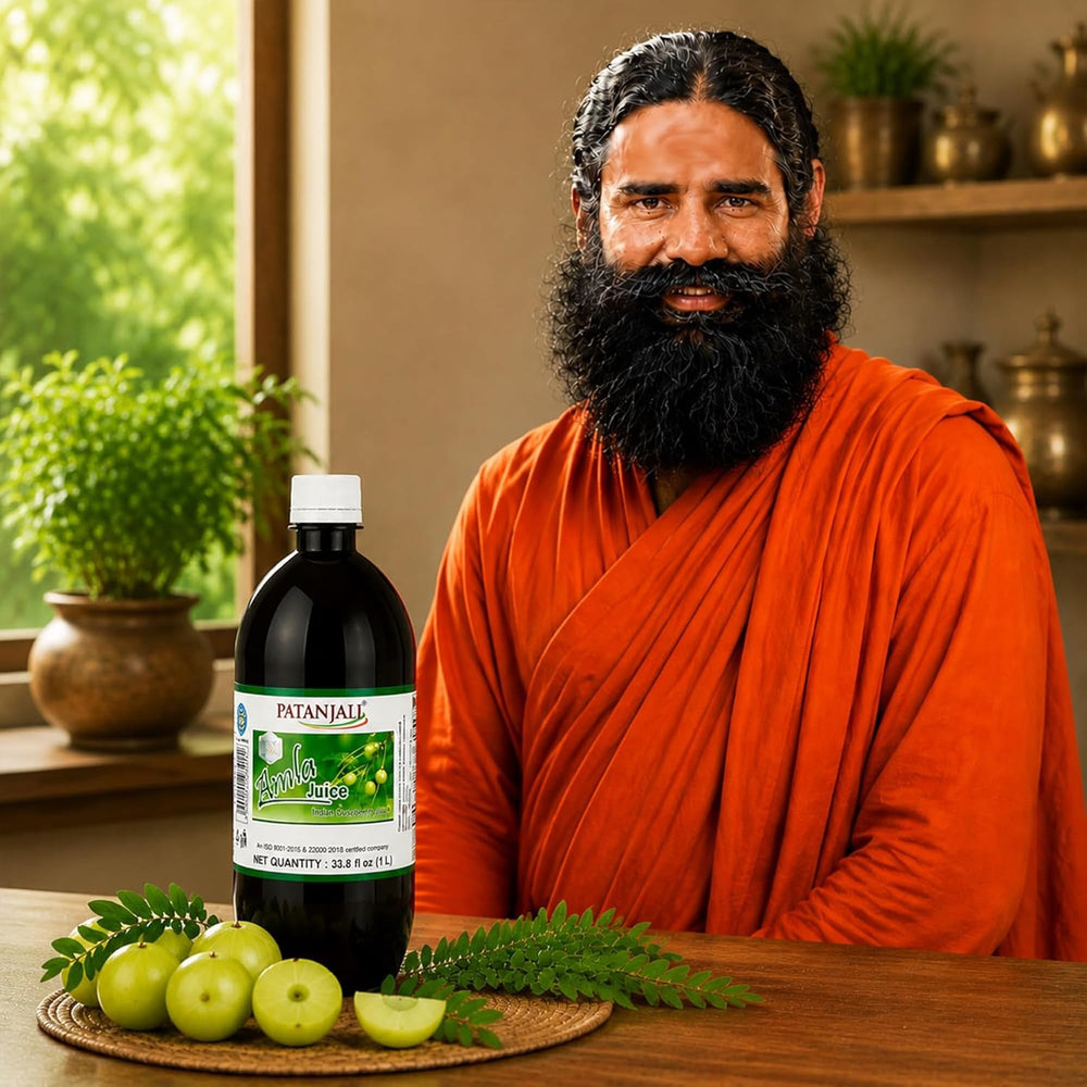 patanjali pouring amla juice into glass demonstrating easy serving