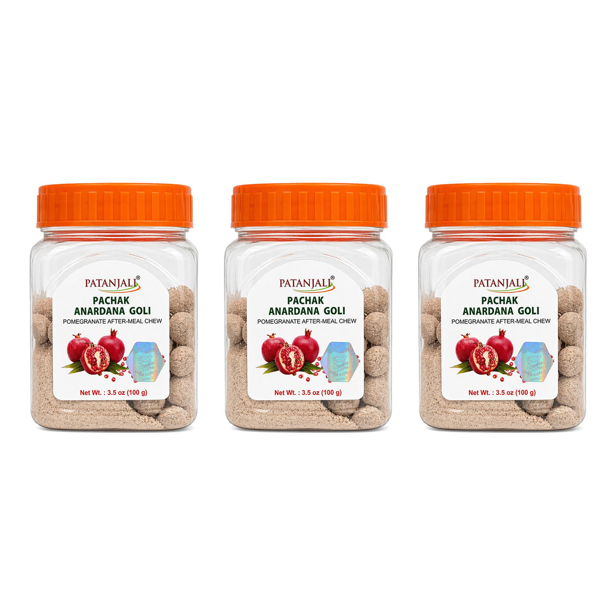 patanjali front packaging showing three 100g jars for easy storage
