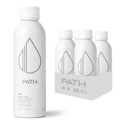 PATHWATER front view of 25 fl oz aluminum bottle showing label and shape benefit: clear identification
