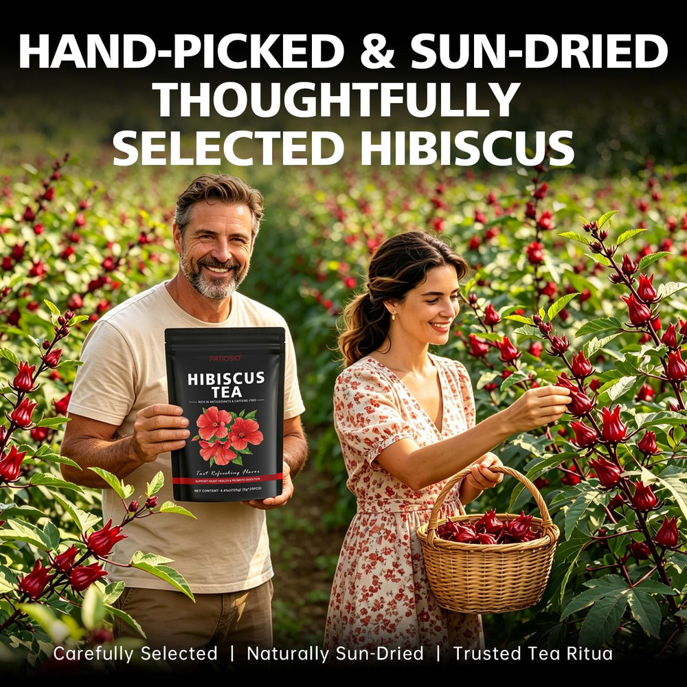 Brewed hot cup of Patiosio hibiscus tea showing vibrant color and warmth