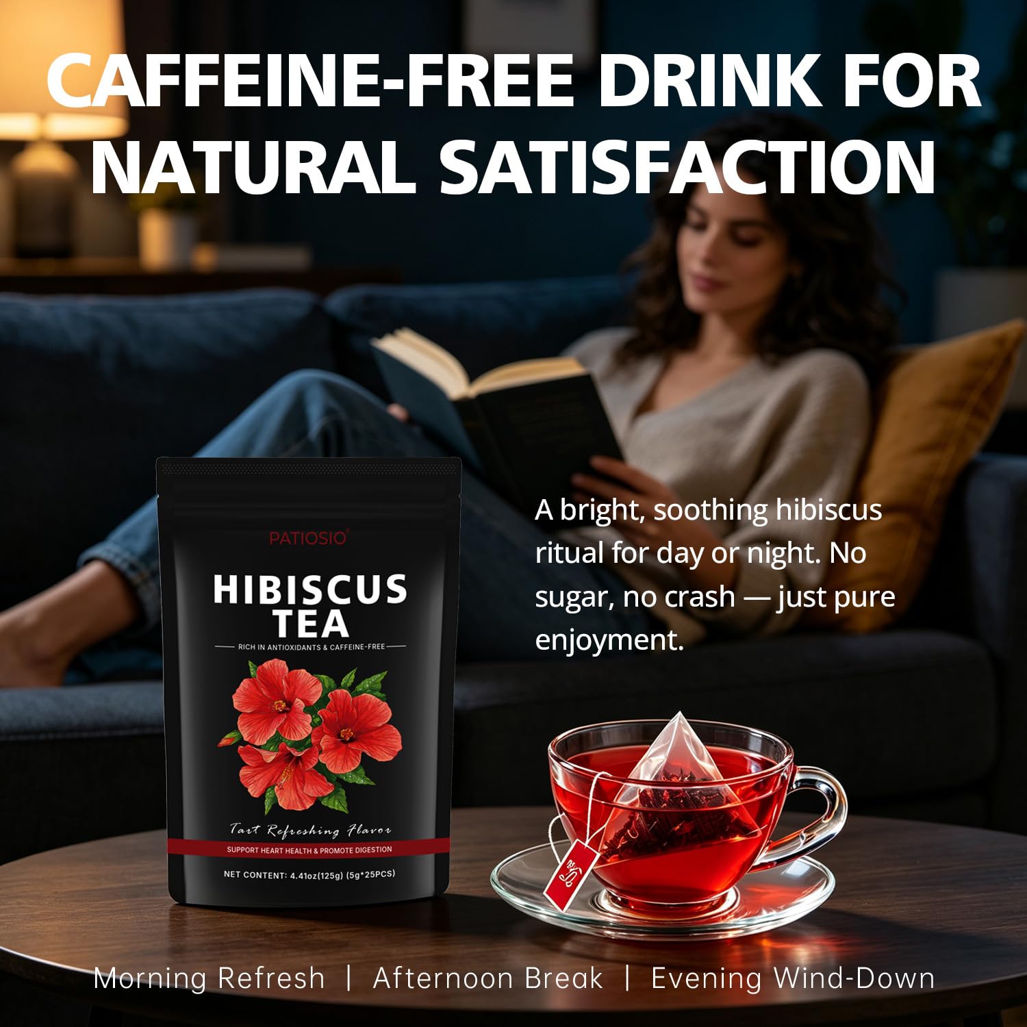Pitcher of iced Patiosio hibiscus tea with fruit, refreshing cold beverage