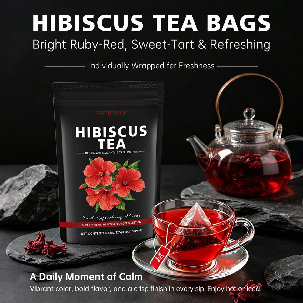 Patiosio tea bag close-up revealing whole hibiscus petals for richer flavor