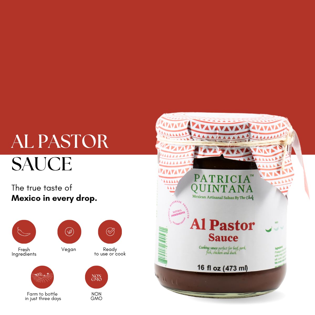 Patricia Quintana open jar showing sauce texture and easy pourability for marinating