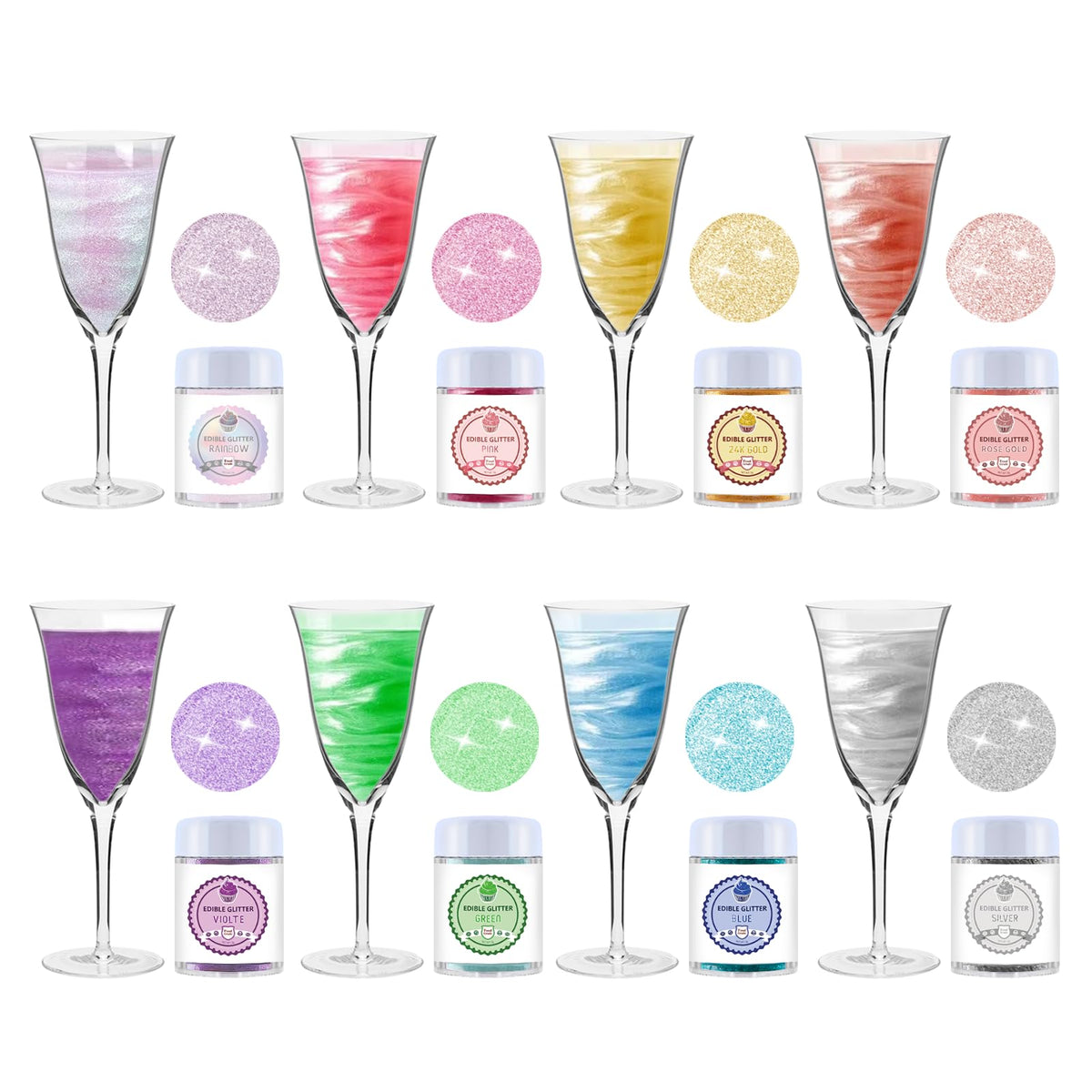 PAVADOR front packaging showing eight edible glitter colors and easy-pour bottles