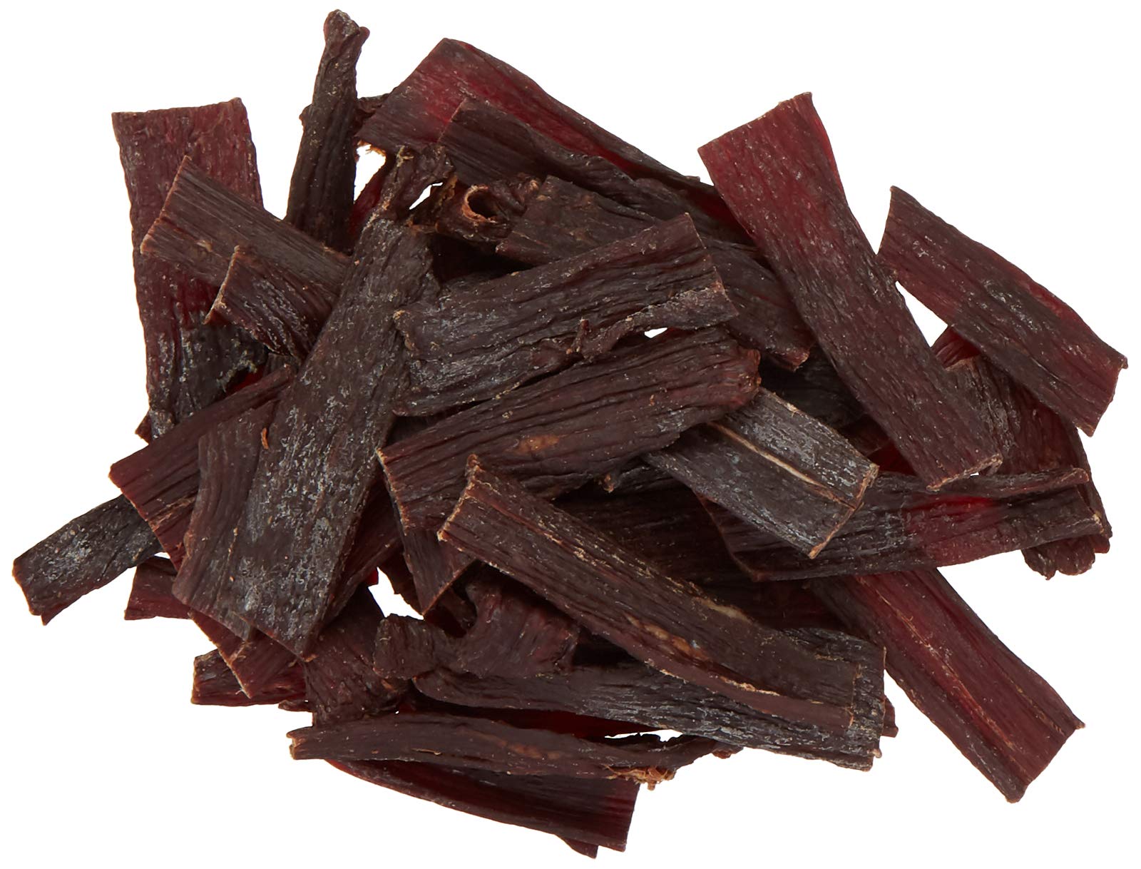 Pawnee Bill's close-up of hickory-smoked jerky pieces highlighting rich texture