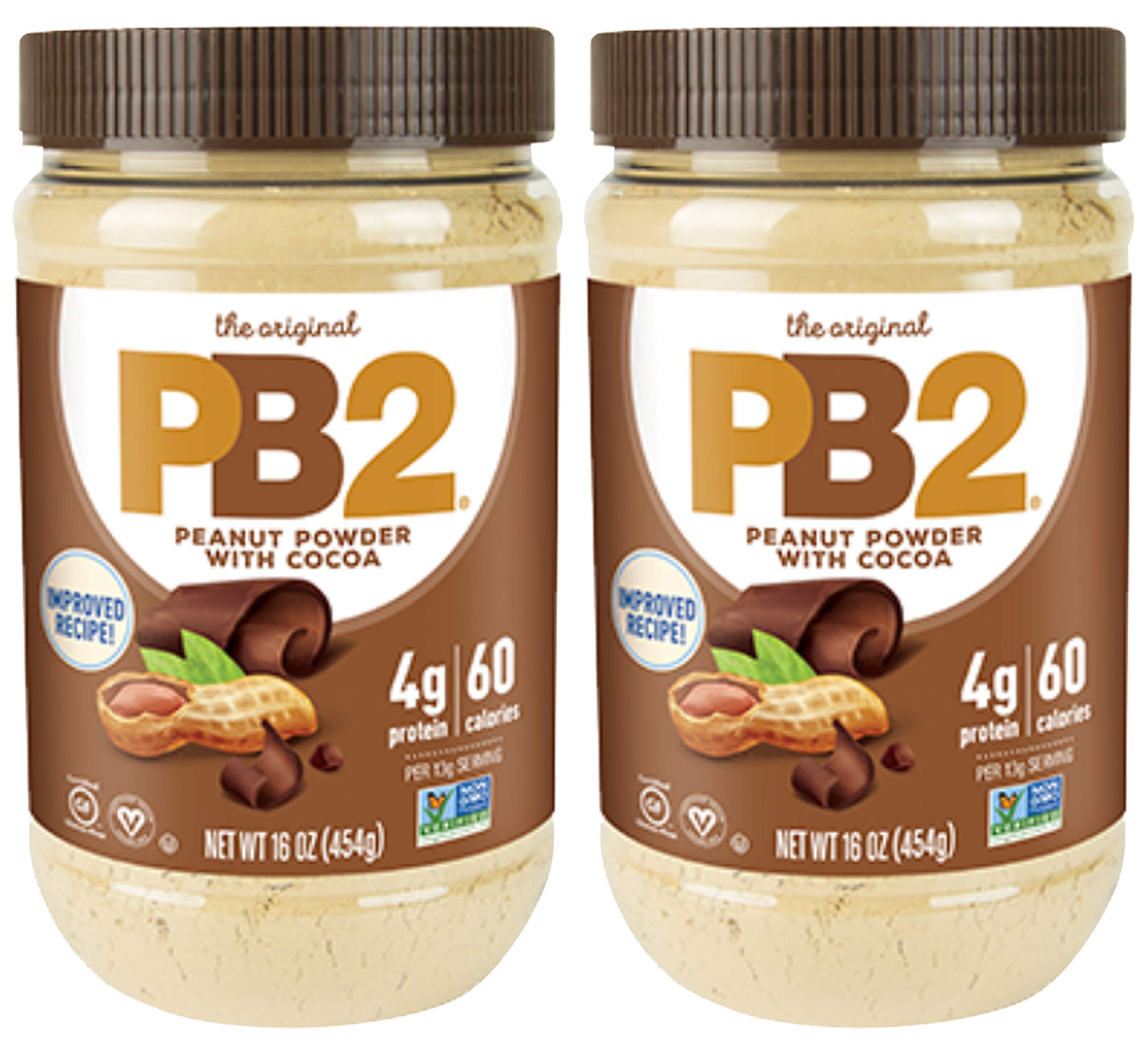 PB2 front packaging showing two 16 oz pouches and cocoa peanut branding benefits pantry-ready