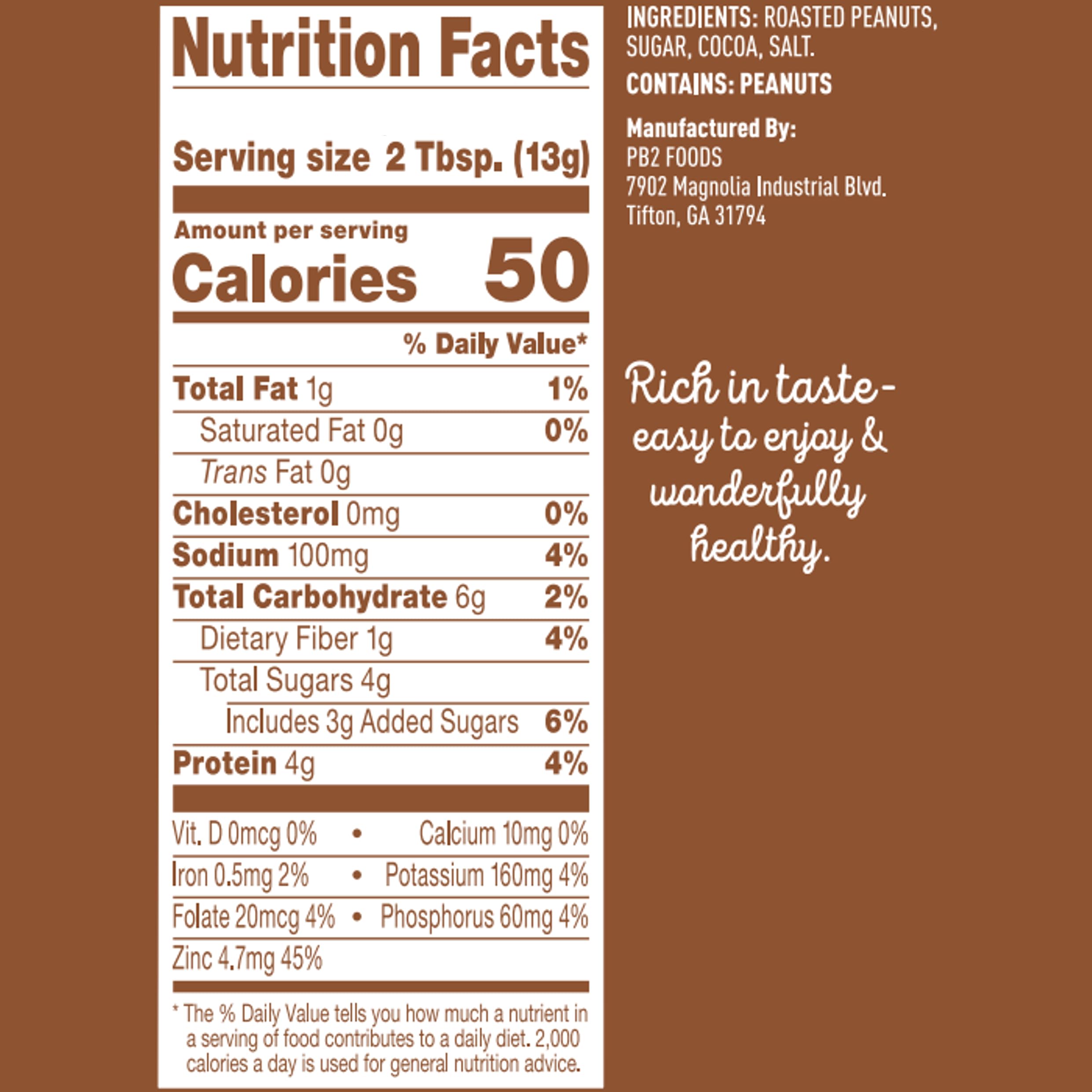 Close-up of Cocoa PB2 jar emphasizing chocolate-peanut flavor and versatility