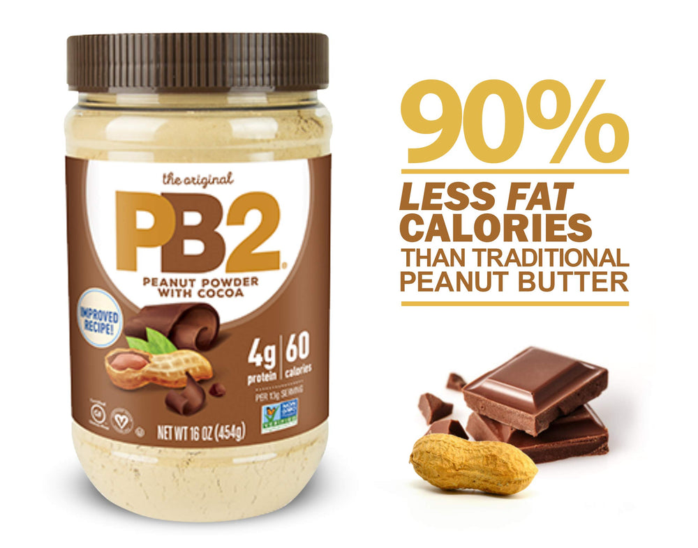 PB2 being added to a smoothie glass showing PB2 blends easily and boosts flavor benefit