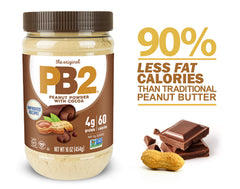 PB2 being added to a smoothie glass showing PB2 blends easily and boosts flavor benefit