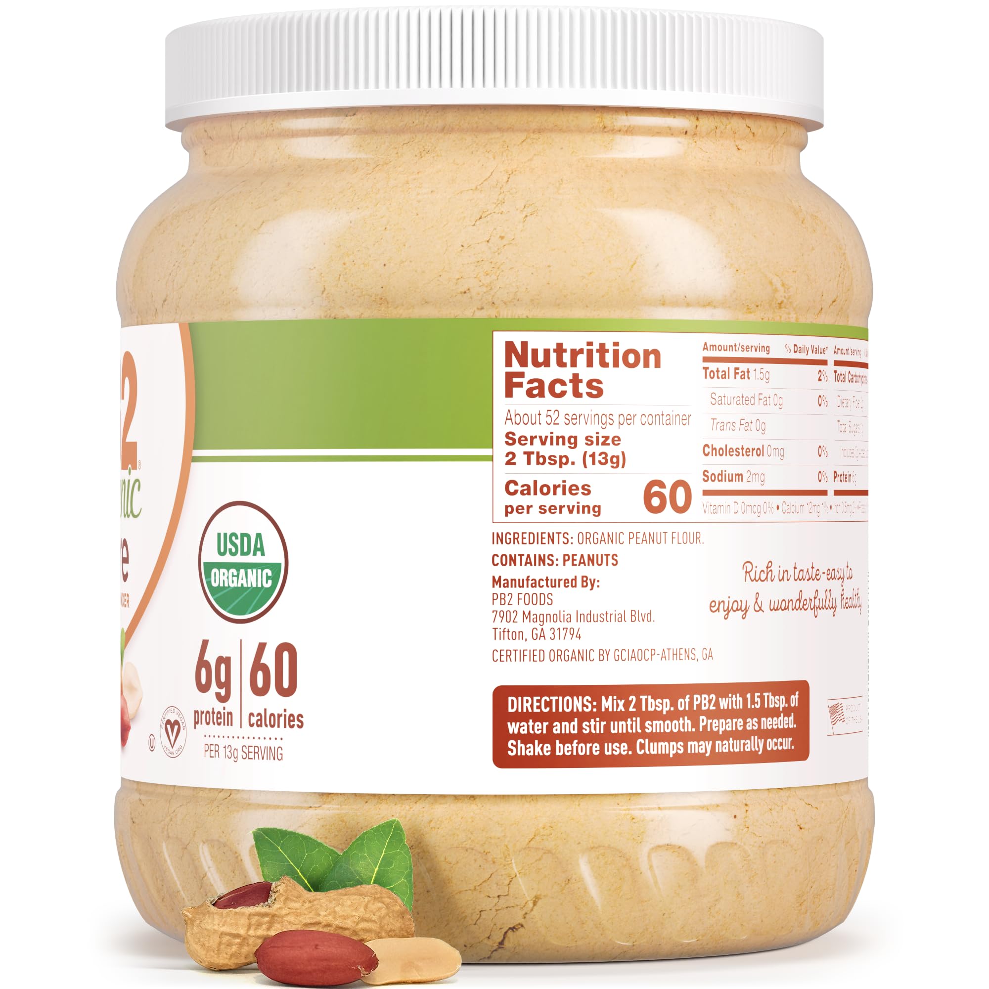 PB2 ingredient label close-up showing USDA Organic and Non-GMO verification