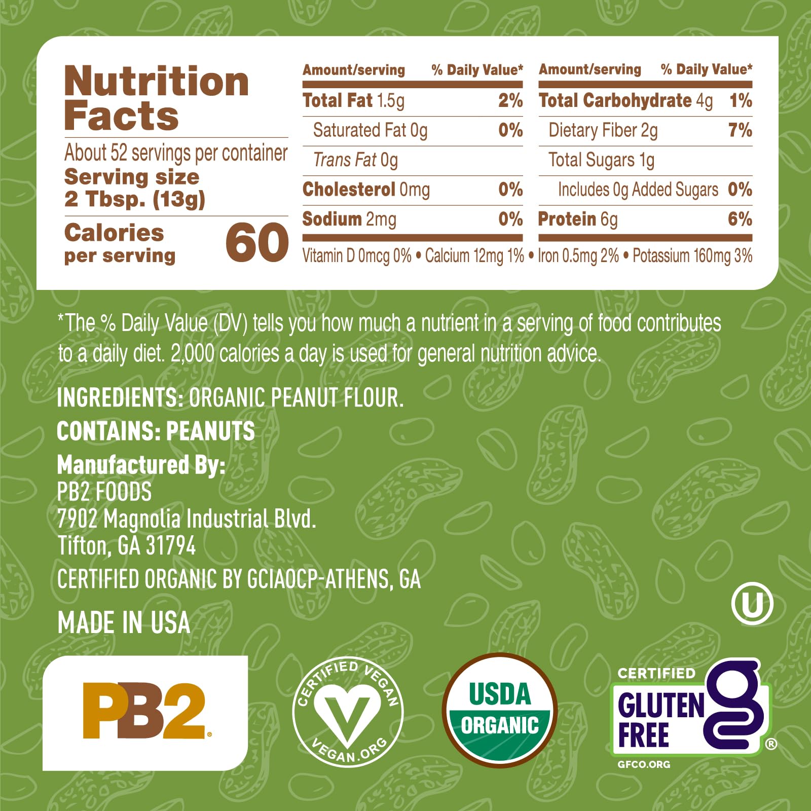 PB2 jar beside whole peanuts showing serving size and calorie advantage