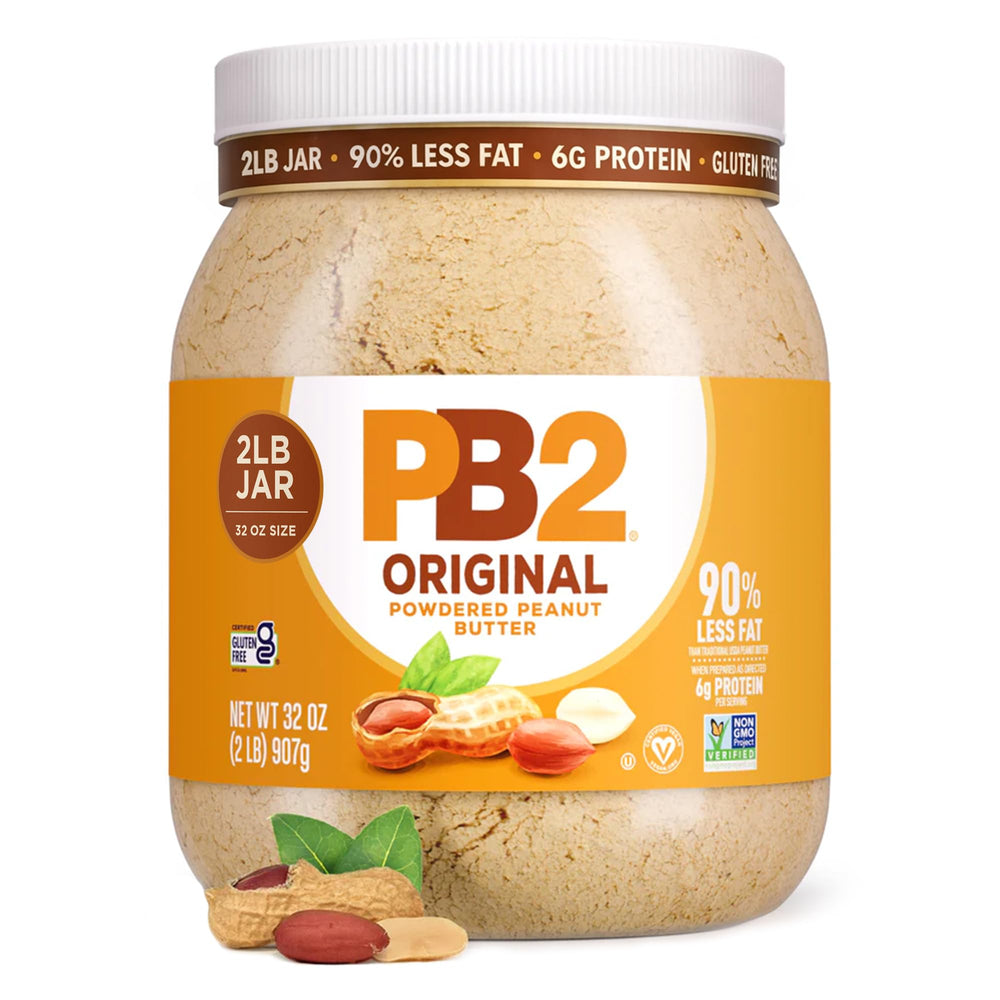 PB2 jar front view showing label and size, convenient low-calorie peanut alternative